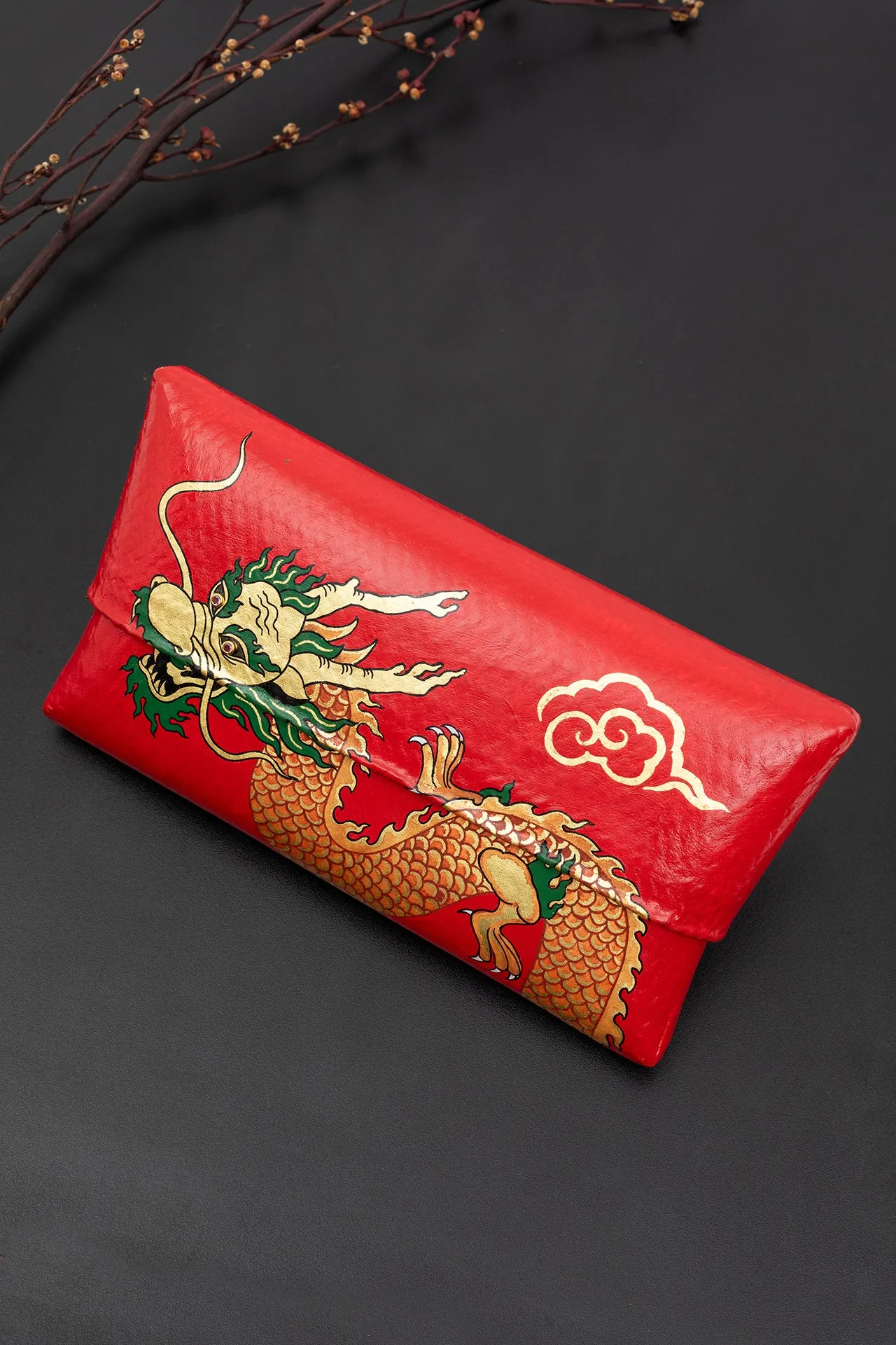 Bamboo Clutch with Hand-Painted Dragon and Pink Tourmaline ( Red )