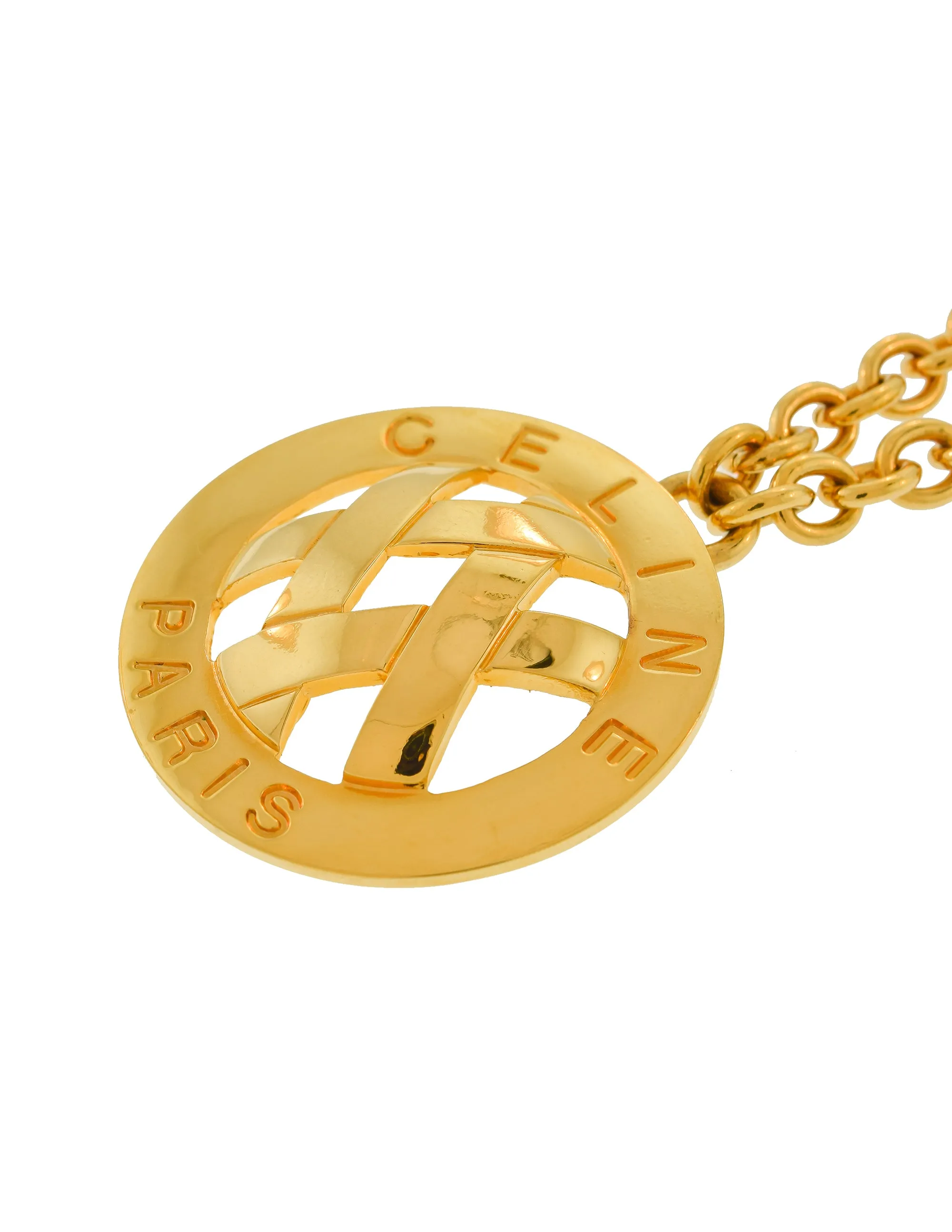 Celine Vintage Gold Oversized Celine Paris Pendant Chain Necklace