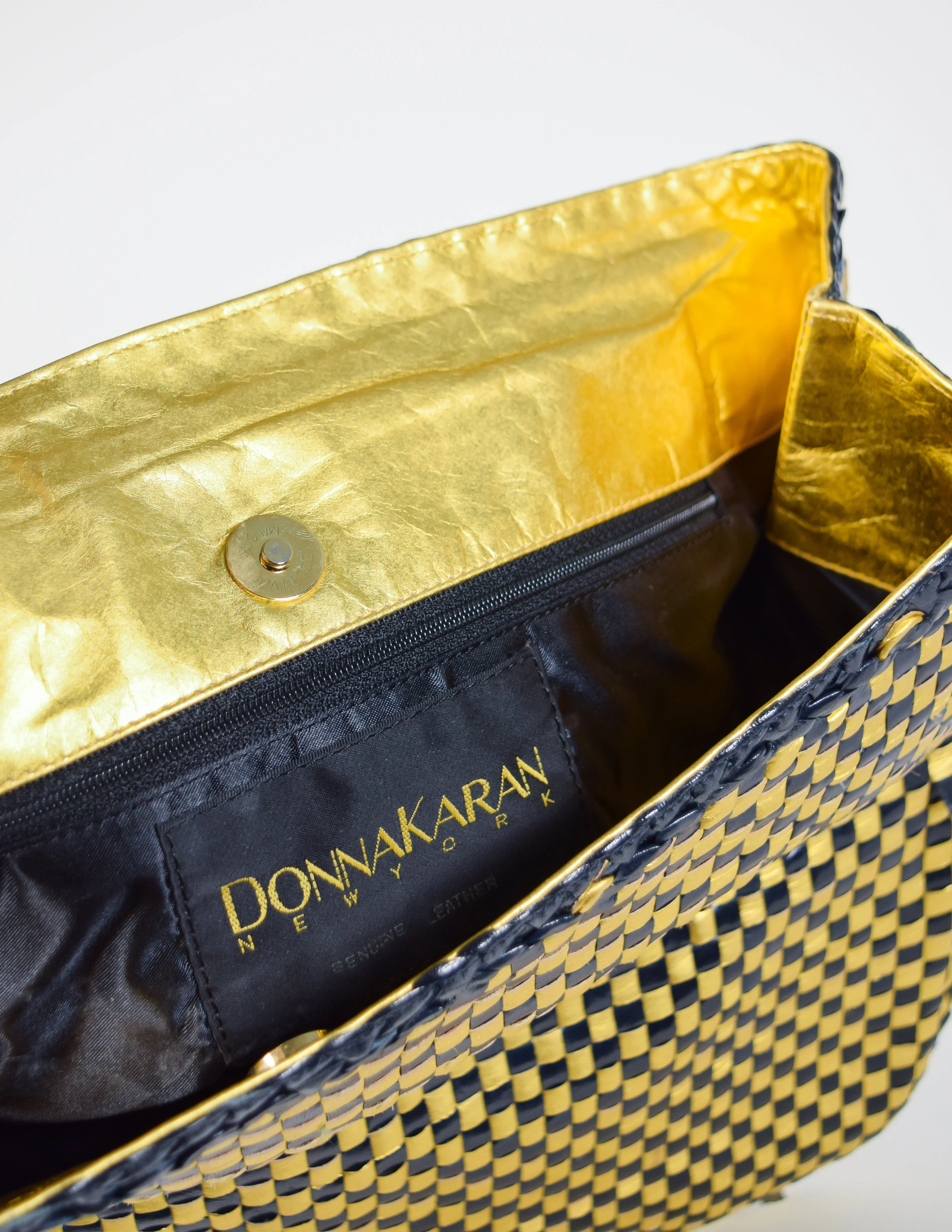 Donna Karan Vintage Metallic Gold Checkerboard Woven Leather Oversized Clutch Bag