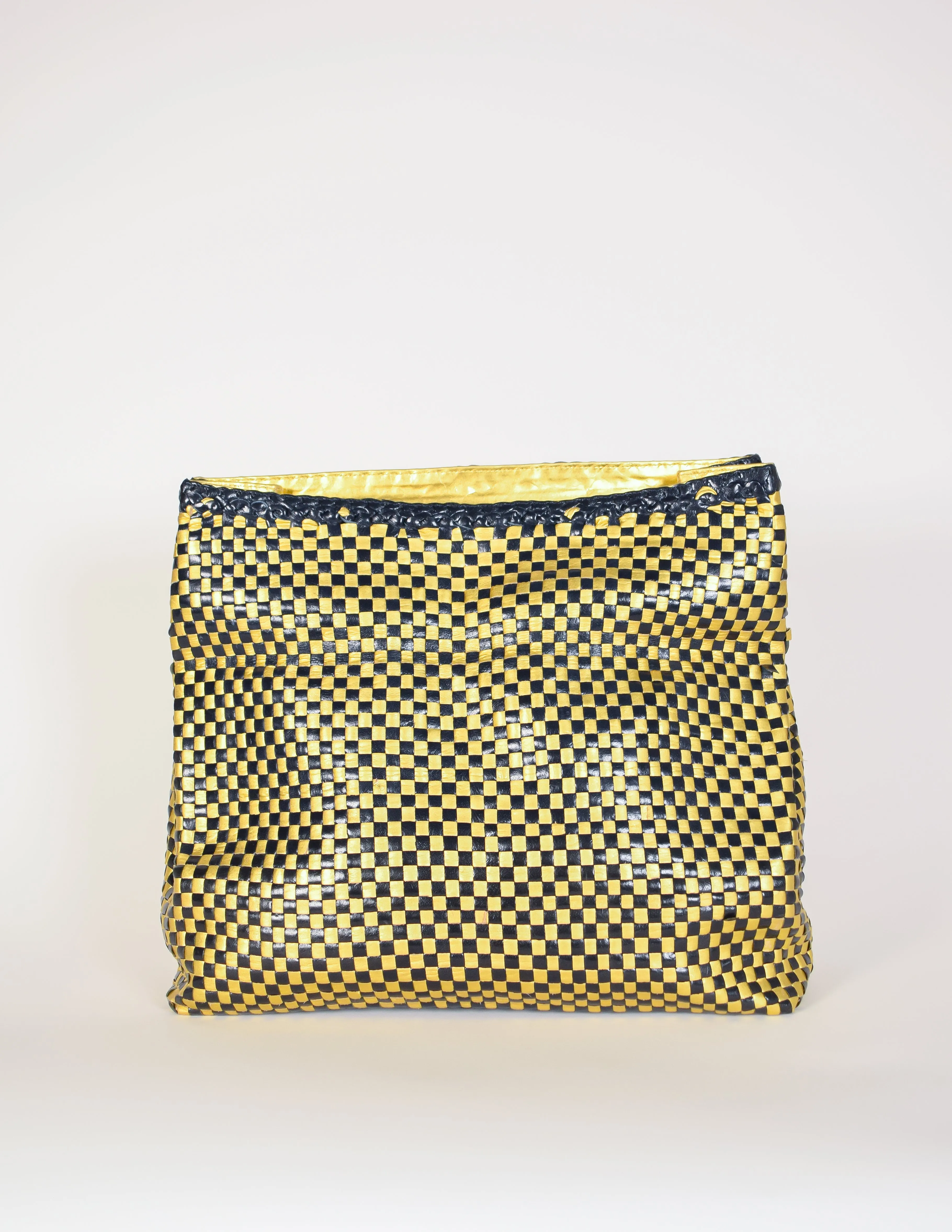 Donna Karan Vintage Metallic Gold Checkerboard Woven Leather Oversized Clutch Bag