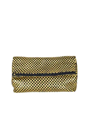 Donna Karan Vintage Metallic Gold Checkerboard Woven Leather Oversized Clutch Bag