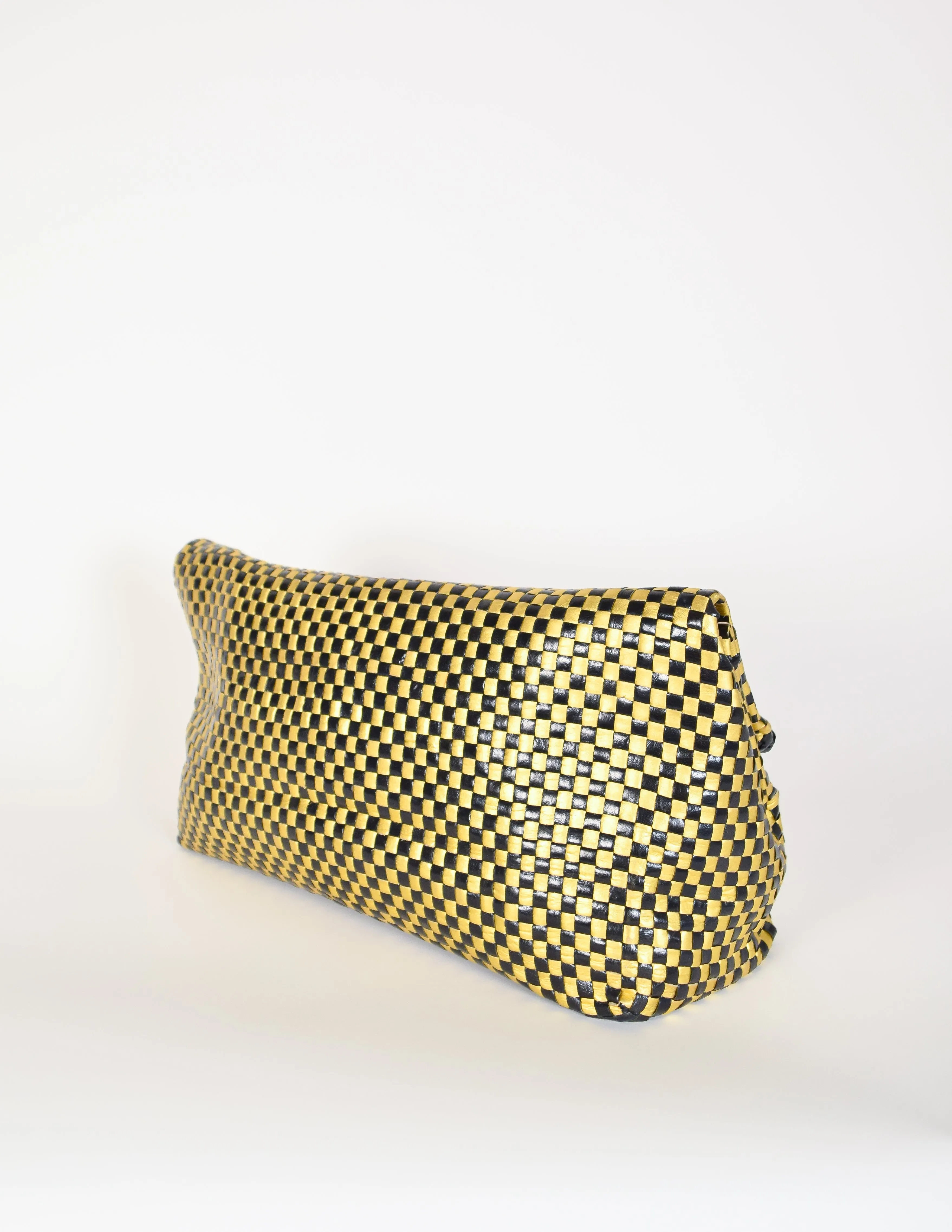 Donna Karan Vintage Metallic Gold Checkerboard Woven Leather Oversized Clutch Bag