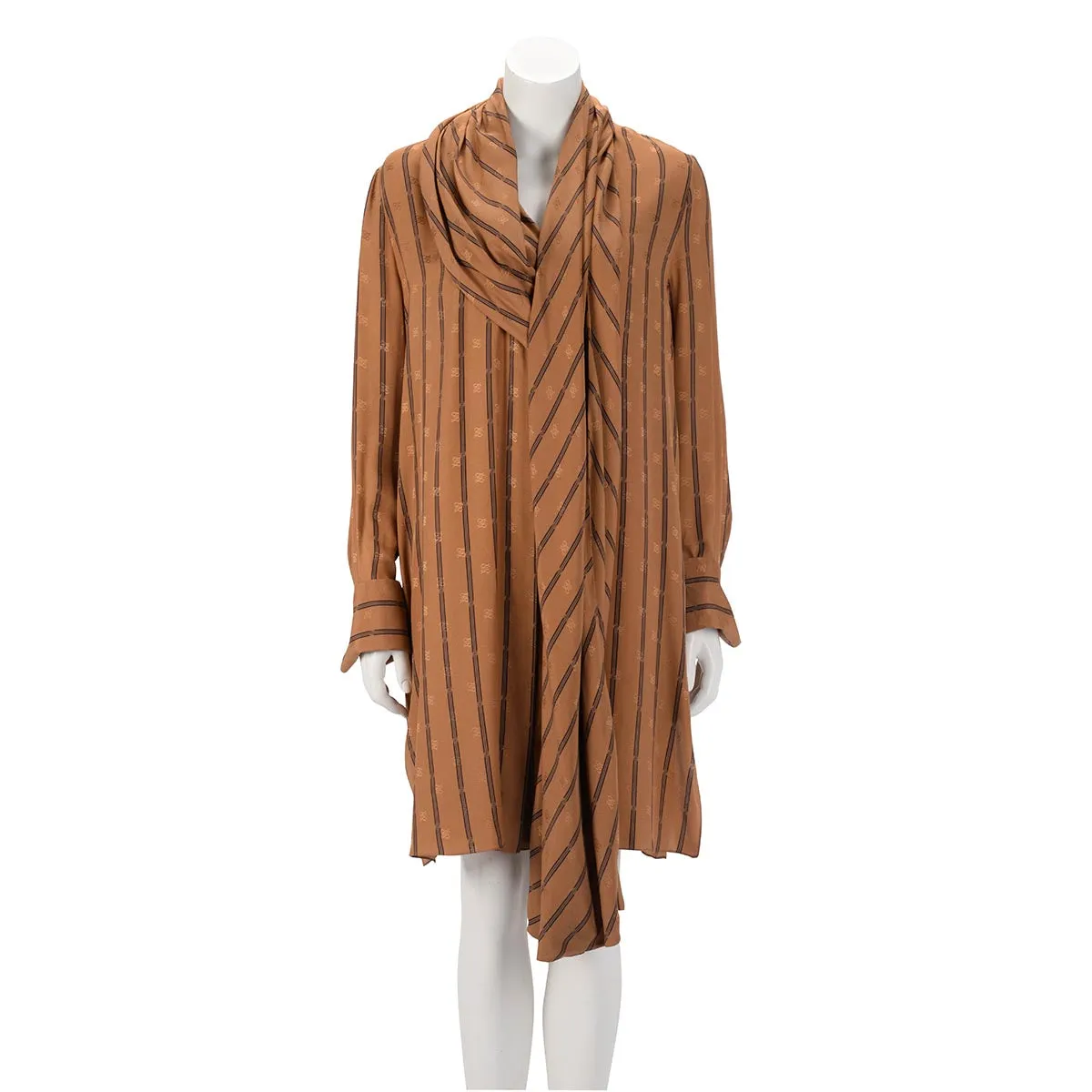 Fendi Tan Striped Silk Karligraphy Dress IT 42