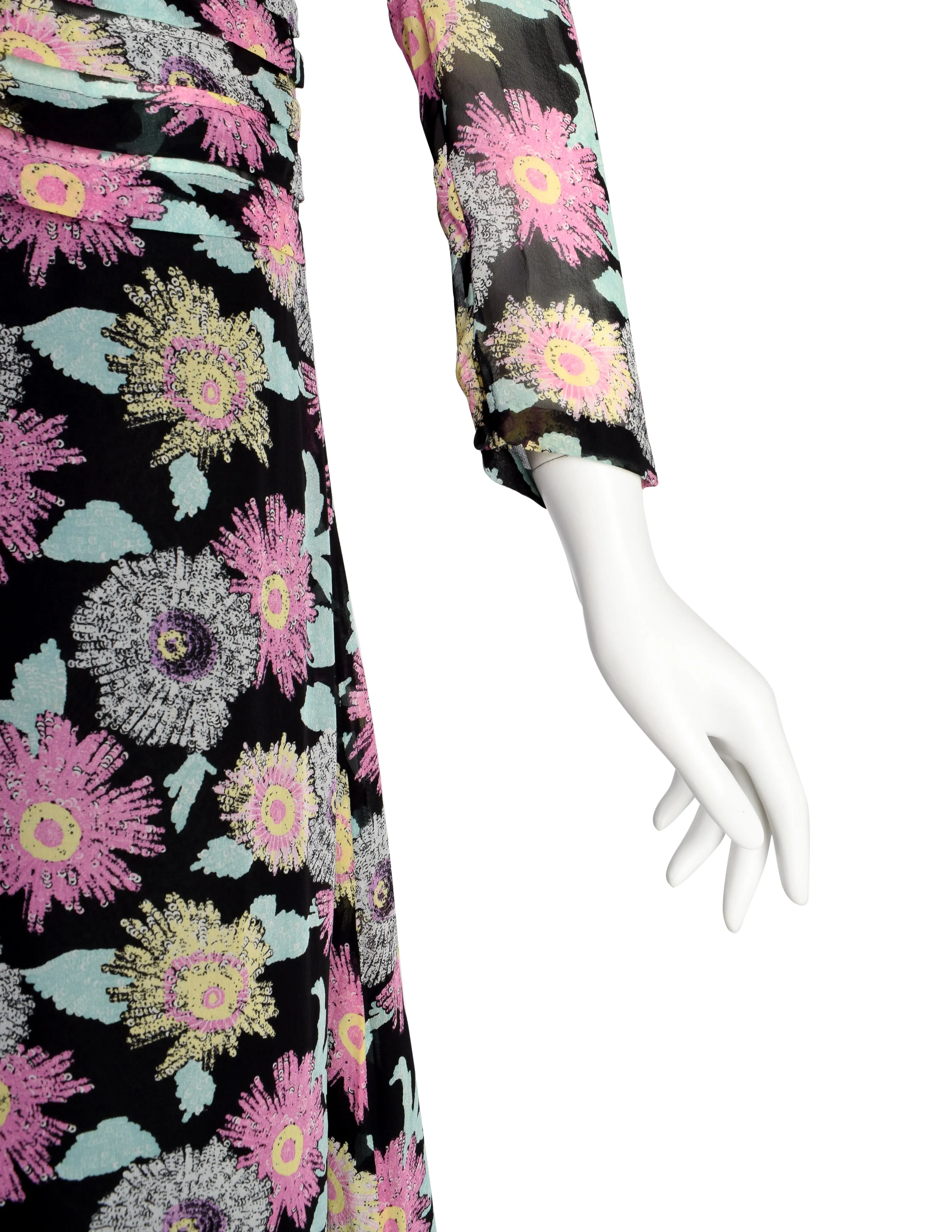 Fendi Vintage 1990s Black Pink Floral Silk Gown with Train