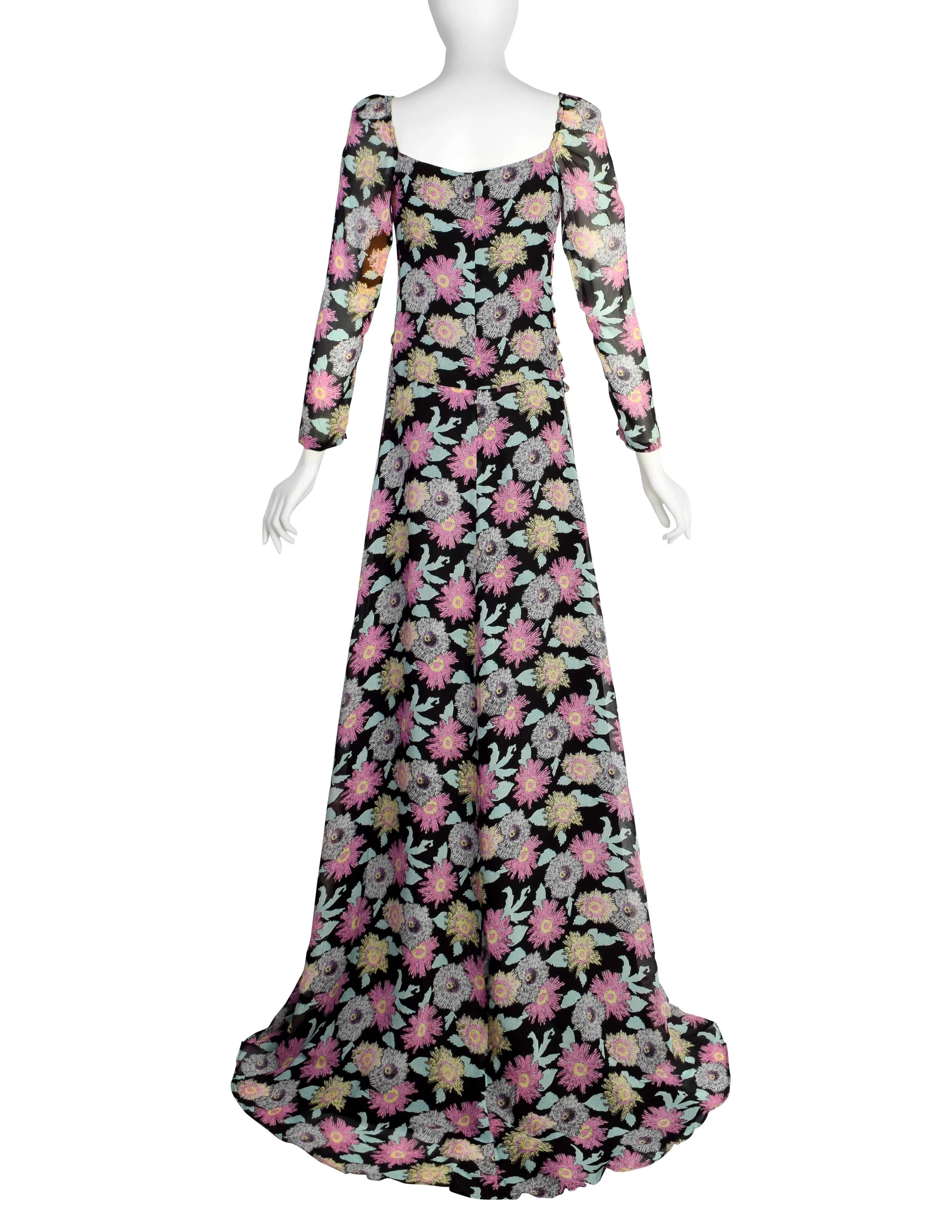 Fendi Vintage 1990s Black Pink Floral Silk Gown with Train