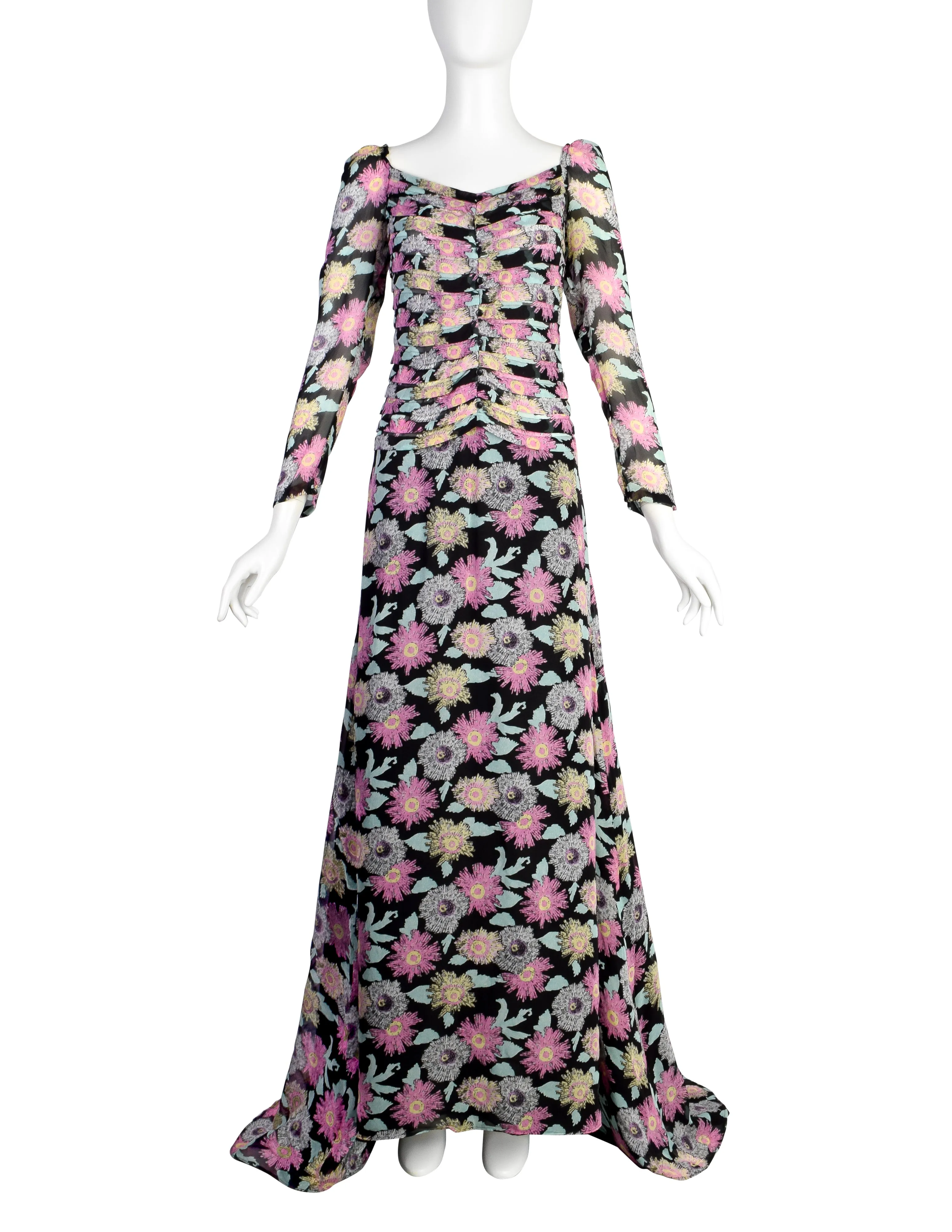 Fendi Vintage 1990s Black Pink Floral Silk Gown with Train