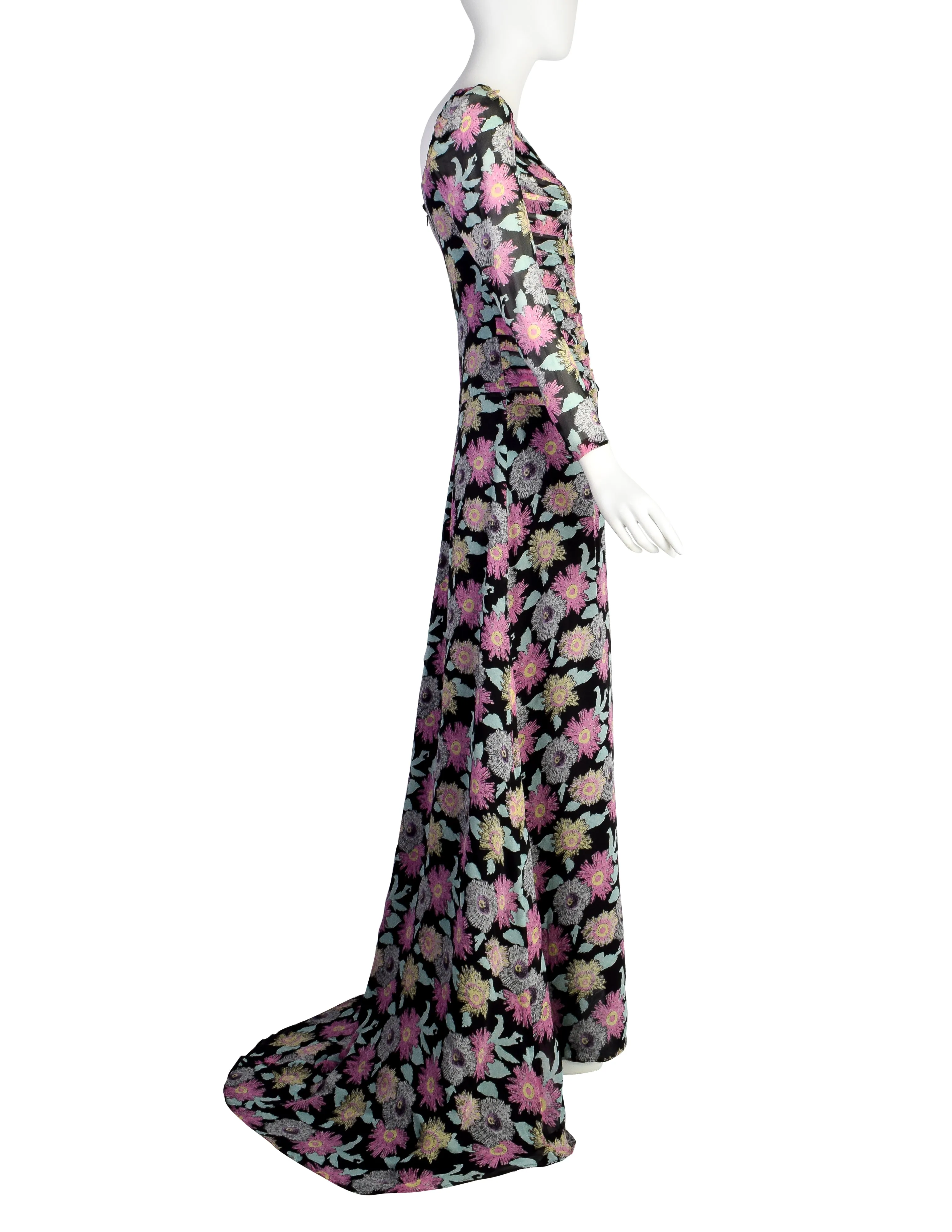 Fendi Vintage 1990s Black Pink Floral Silk Gown with Train