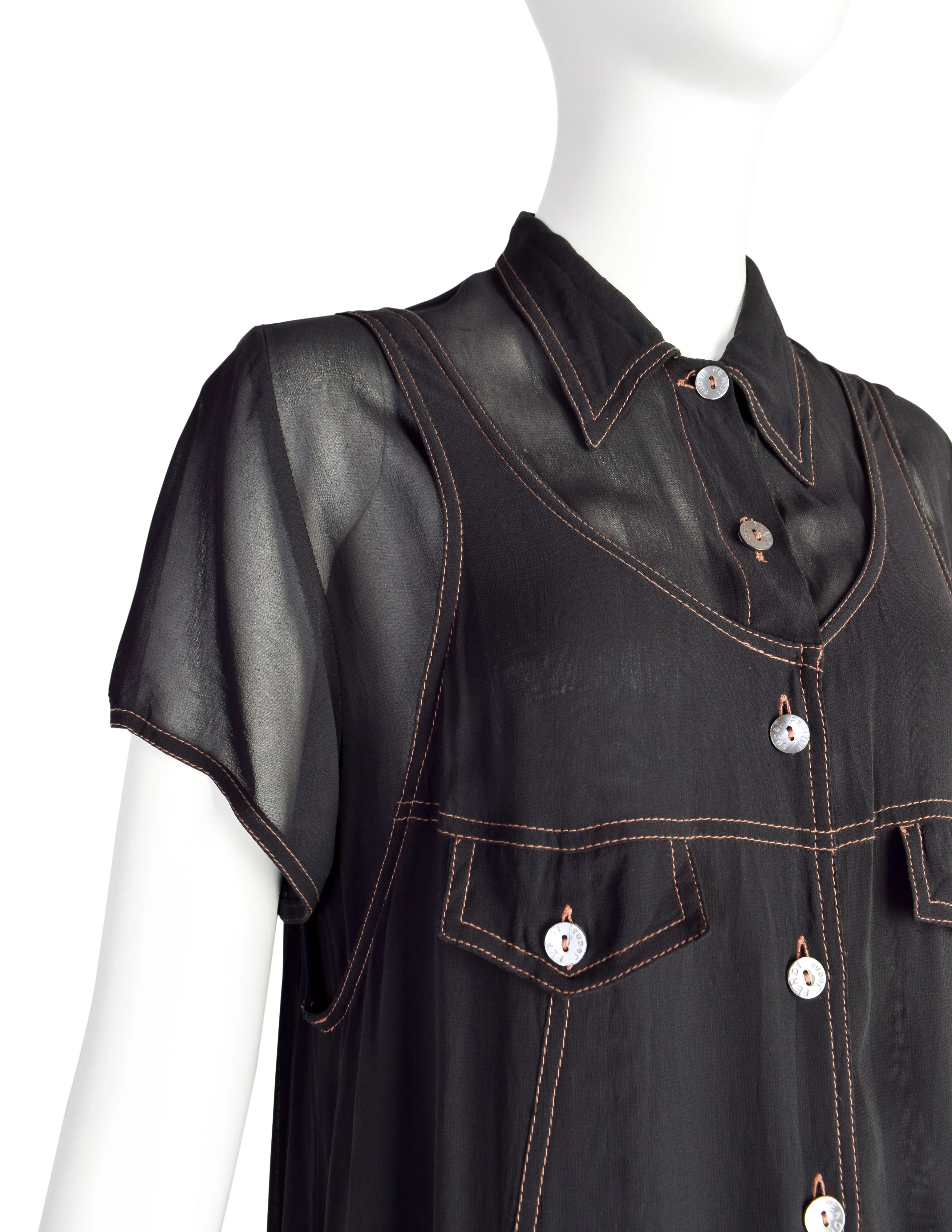 Fendi Vintage 1990s Black Sheer Layered Shirt Dress