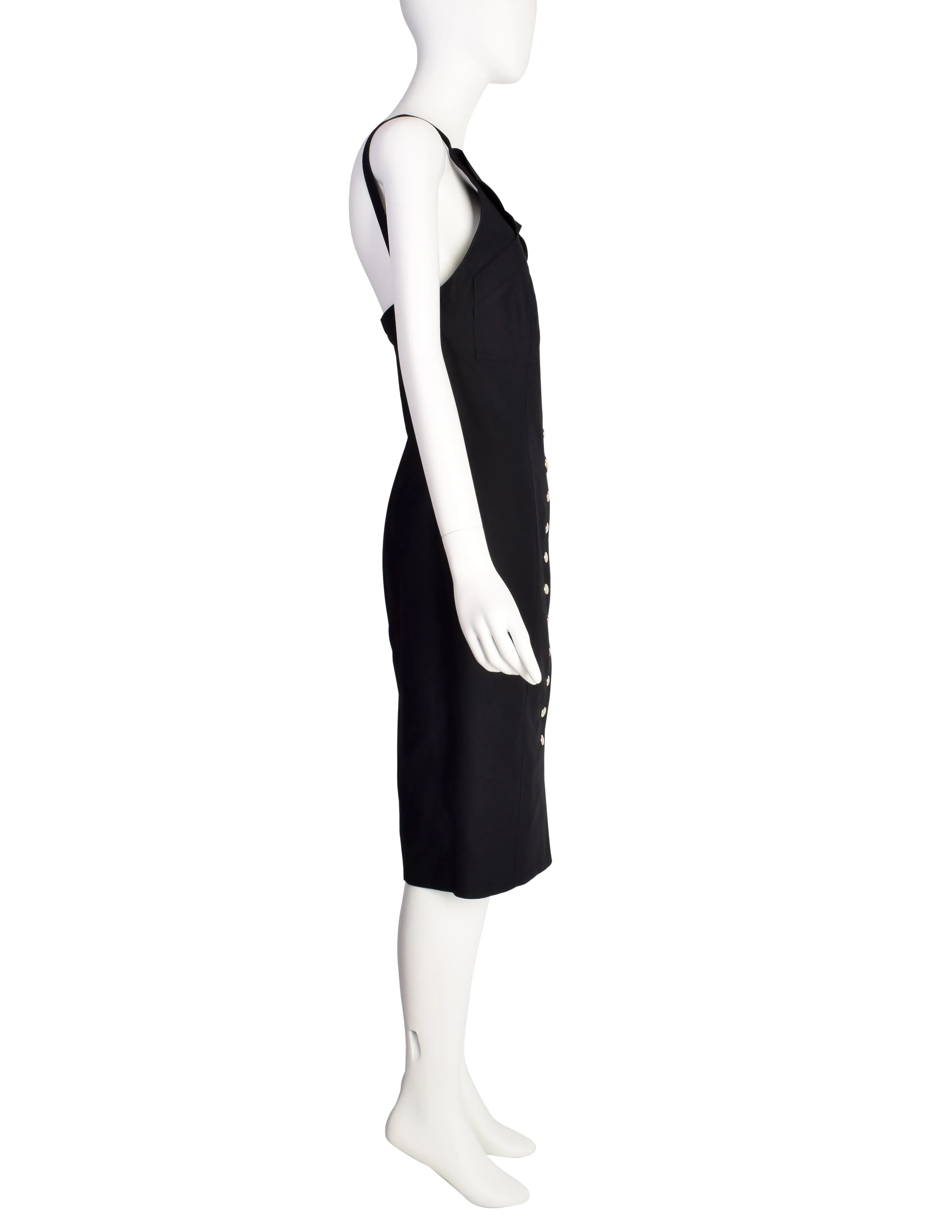 Fendi Vintage Black Cotton Pique Snap Button Wiggle Dress