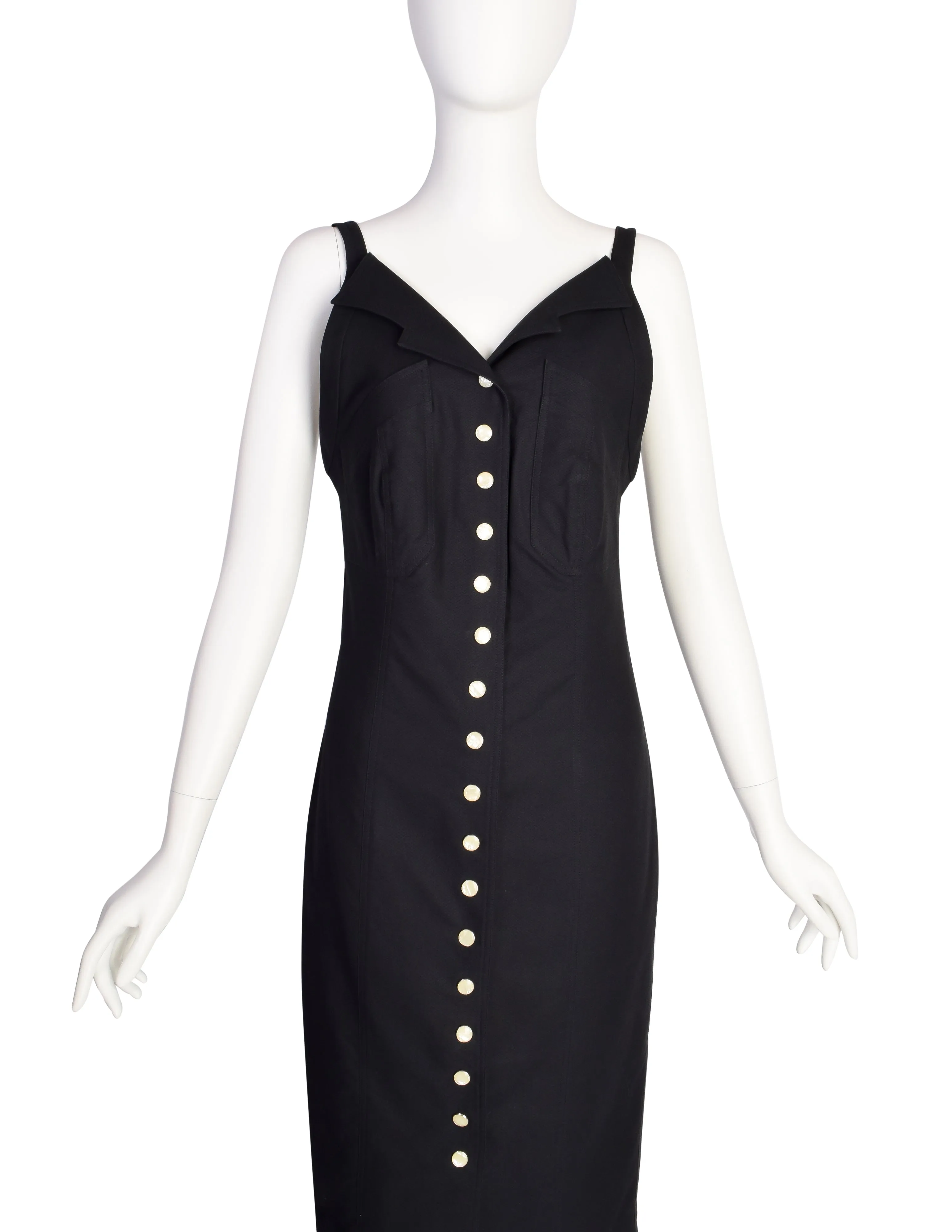 Fendi Vintage Black Cotton Pique Snap Button Wiggle Dress