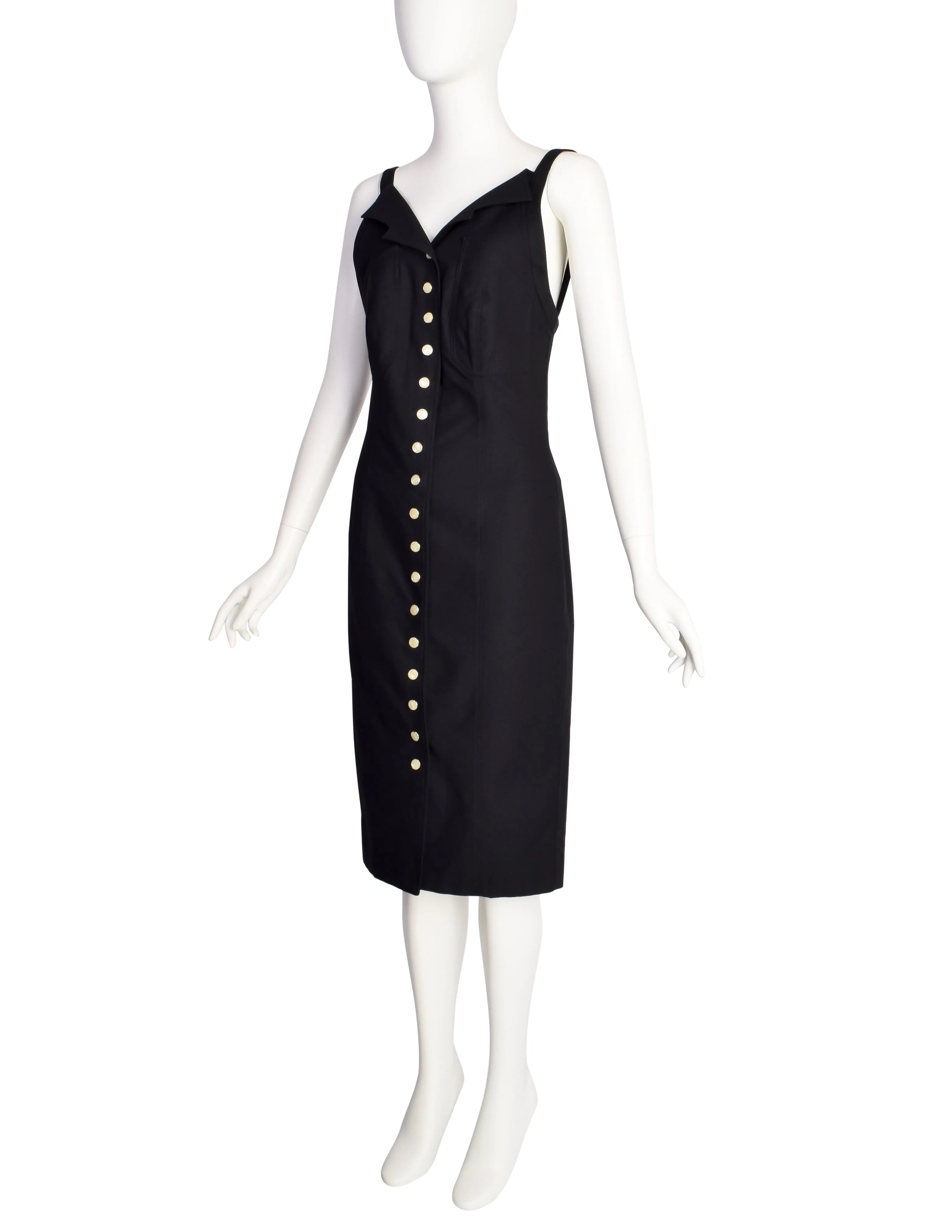 Fendi Vintage Black Cotton Pique Snap Button Wiggle Dress