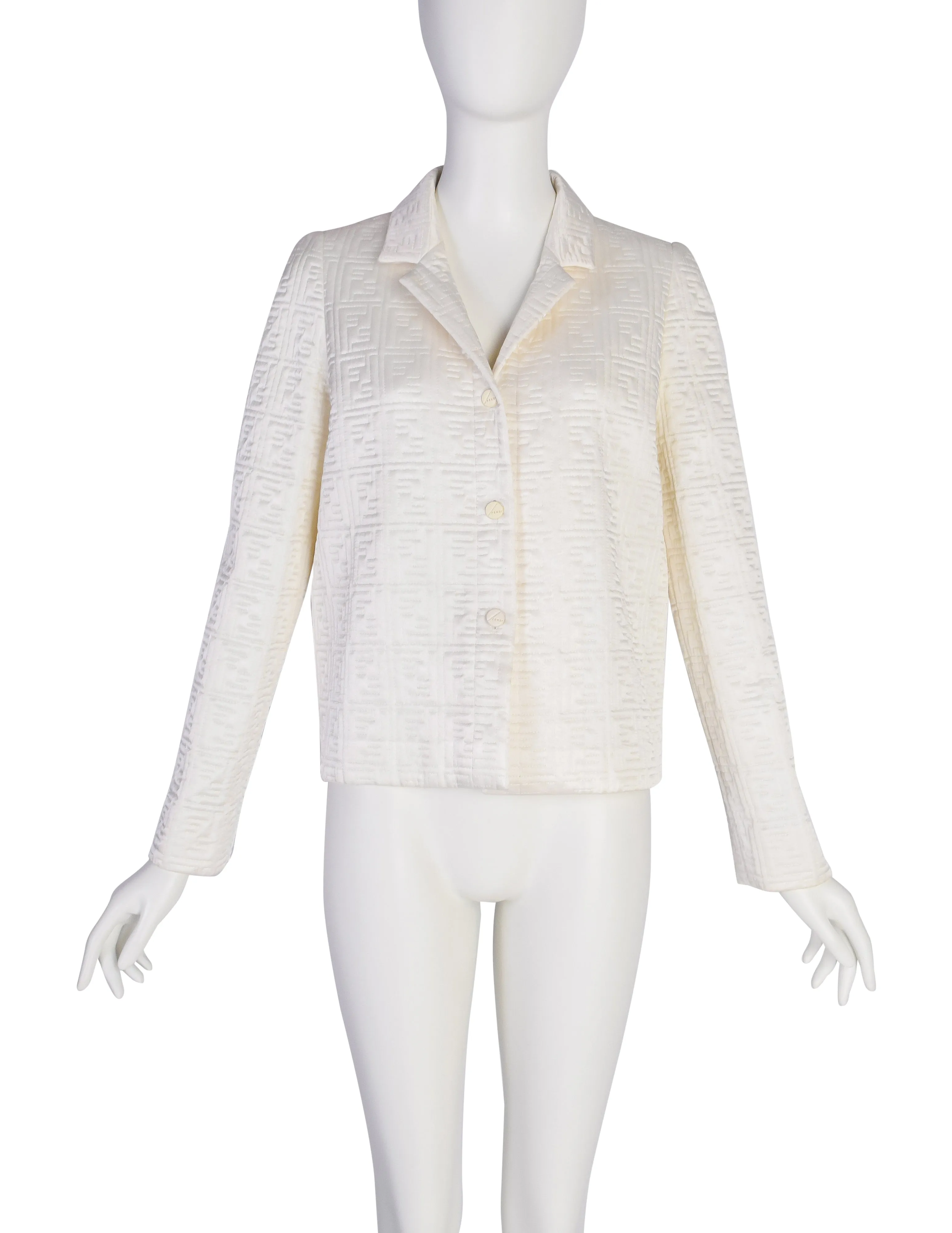 Fendi Vintage Ivory Zucca FF Logo Monogram Quilted Silk Satin Jacket