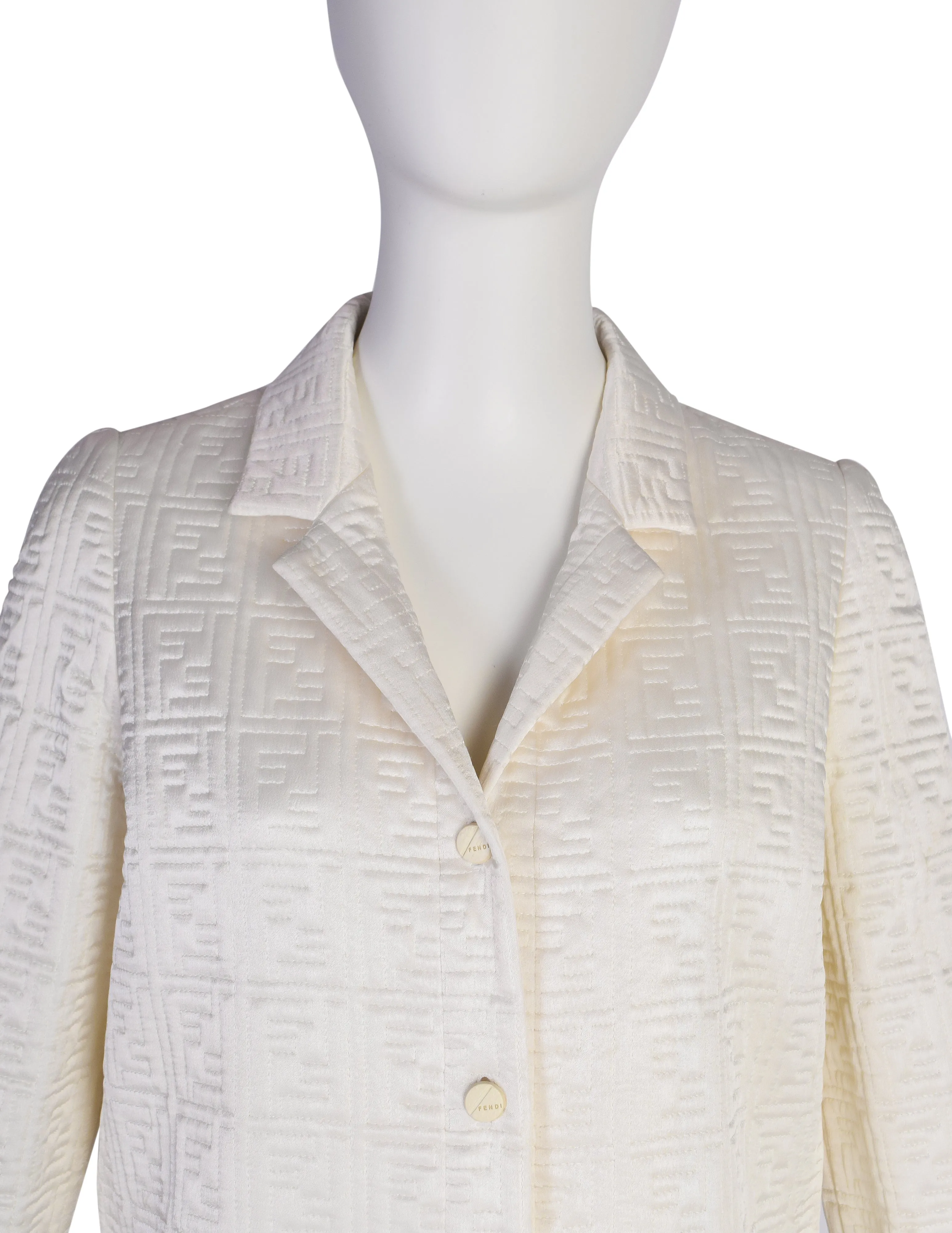 Fendi Vintage Ivory Zucca FF Logo Monogram Quilted Silk Satin Jacket