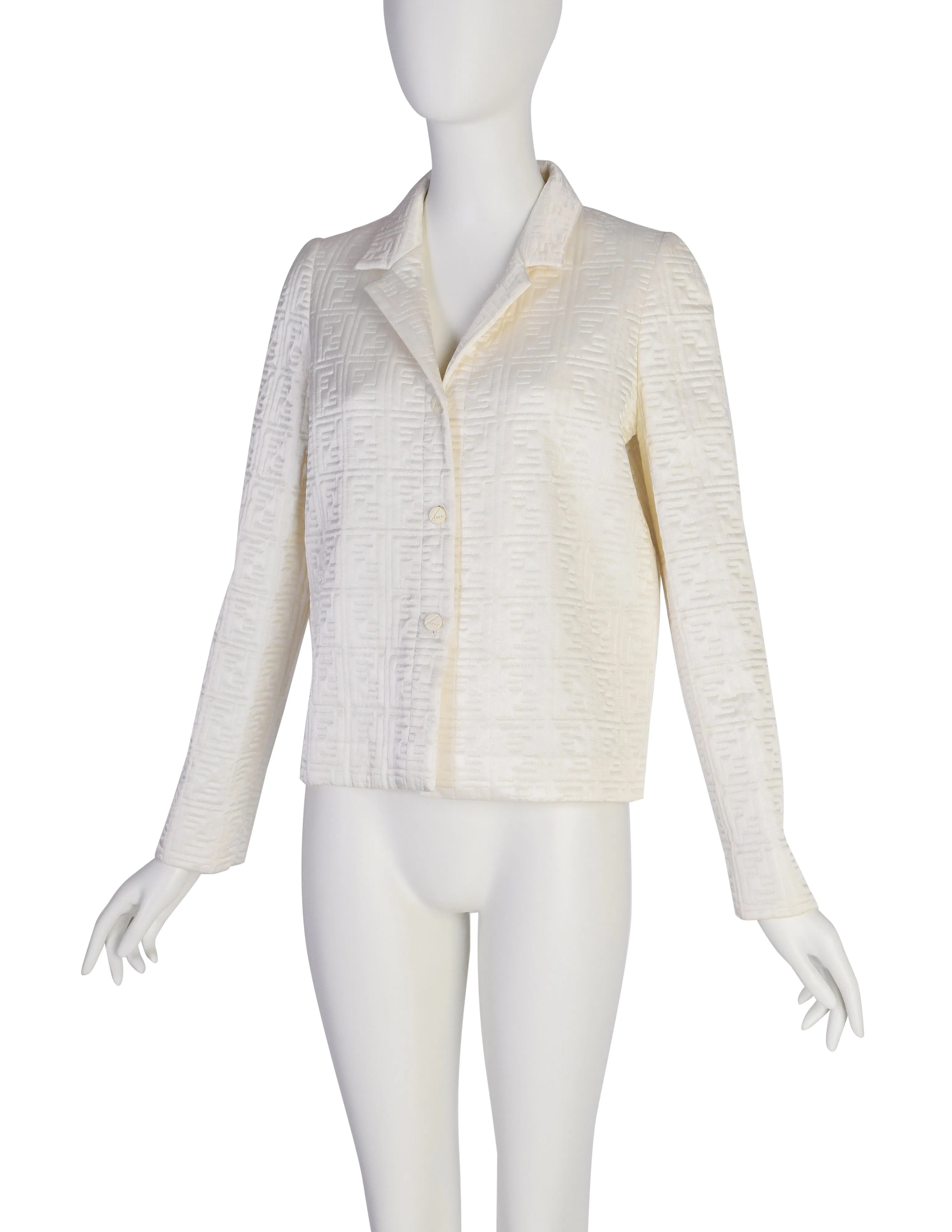 Fendi Vintage Ivory Zucca FF Logo Monogram Quilted Silk Satin Jacket