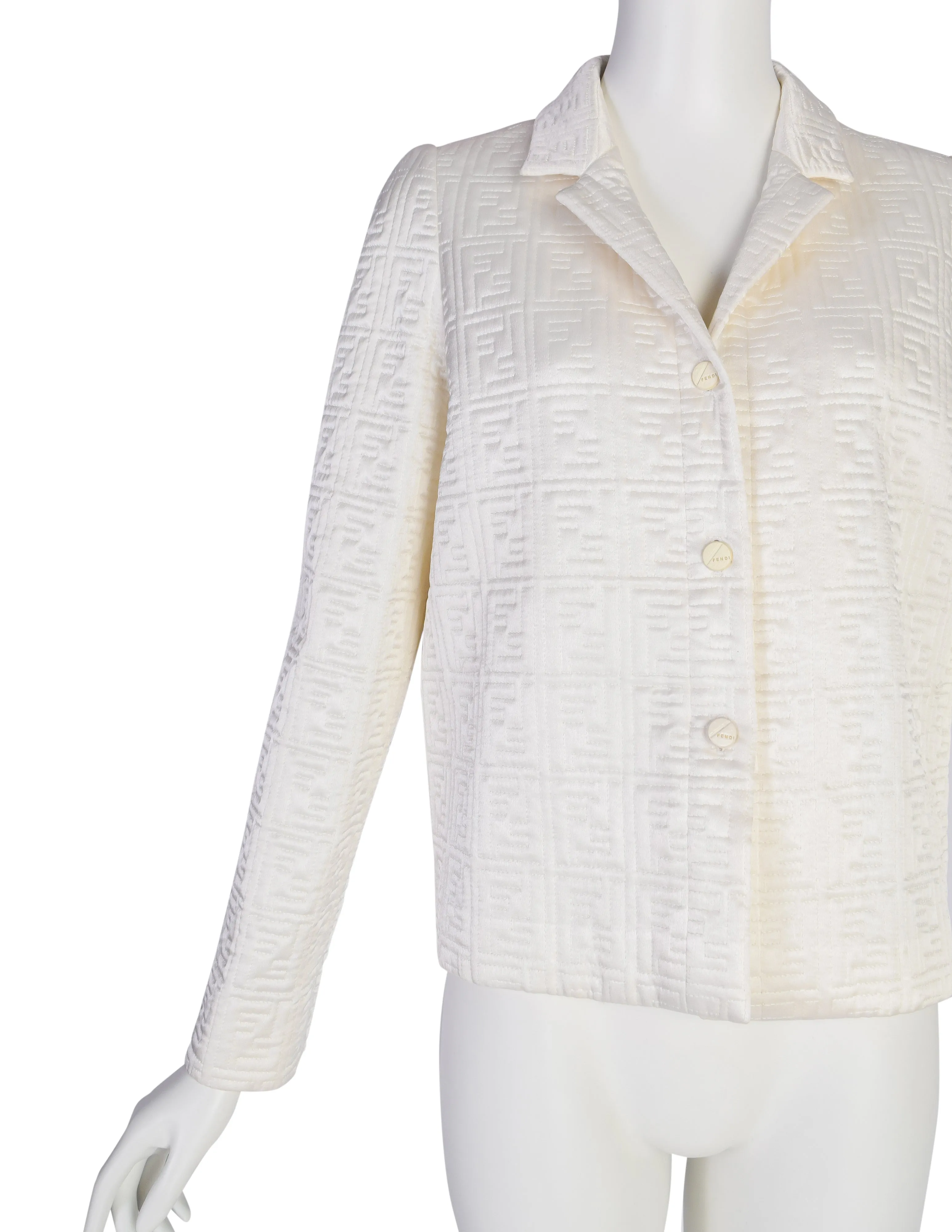 Fendi Vintage Ivory Zucca FF Logo Monogram Quilted Silk Satin Jacket