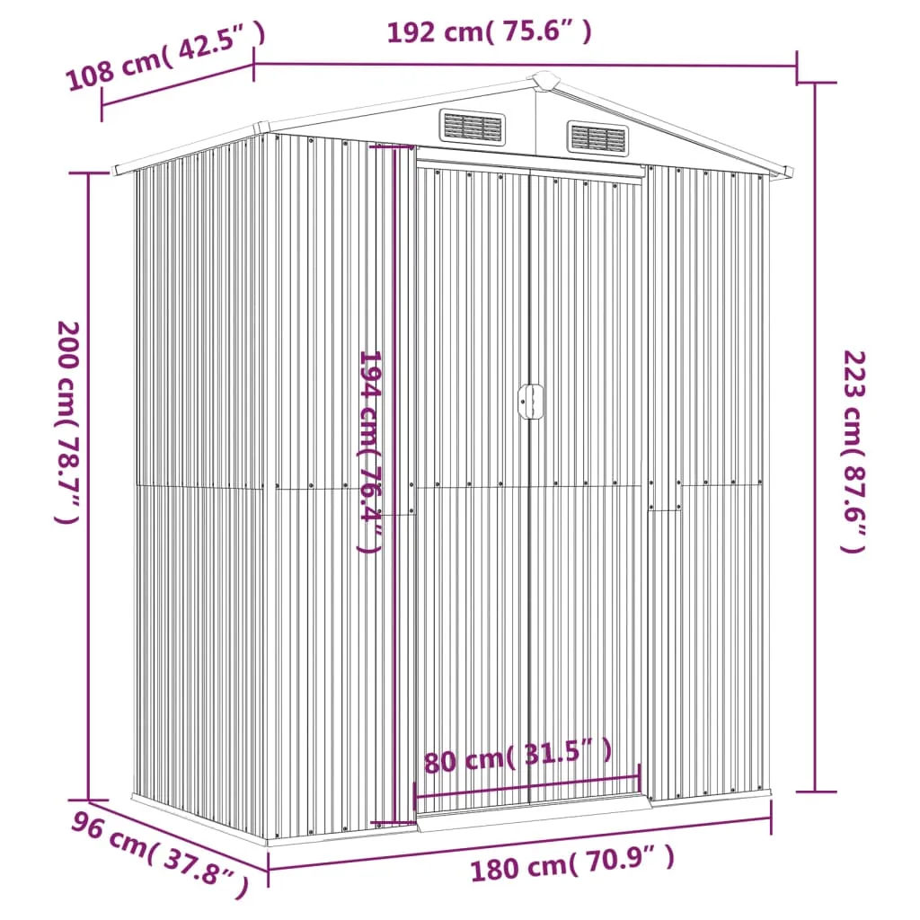 Garden Shed Light Grey 192x108x223 cm Galvanised Steel