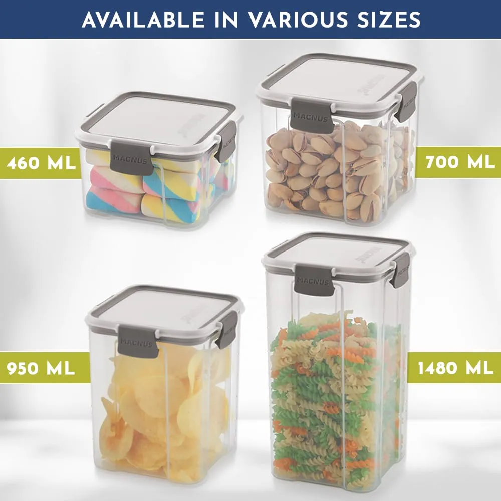 Magnus Modulock Airtight Food Kitchen Storage Container with Detachable Clip Lock | White & Grey Lid | Ultra Clear Transparent Containers | Stackable | Break Resistant | Set of 4 - 460 ml Each