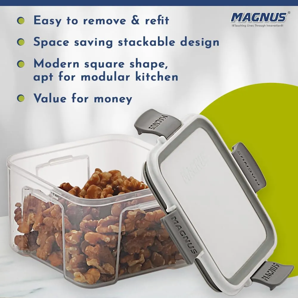 Magnus Modulock Airtight Food Kitchen Storage Container with Detachable Clip Lock | White & Grey Lid | Ultra Clear Transparent Containers | Stackable | Break Resistant | Set of 4 - 460 ml Each