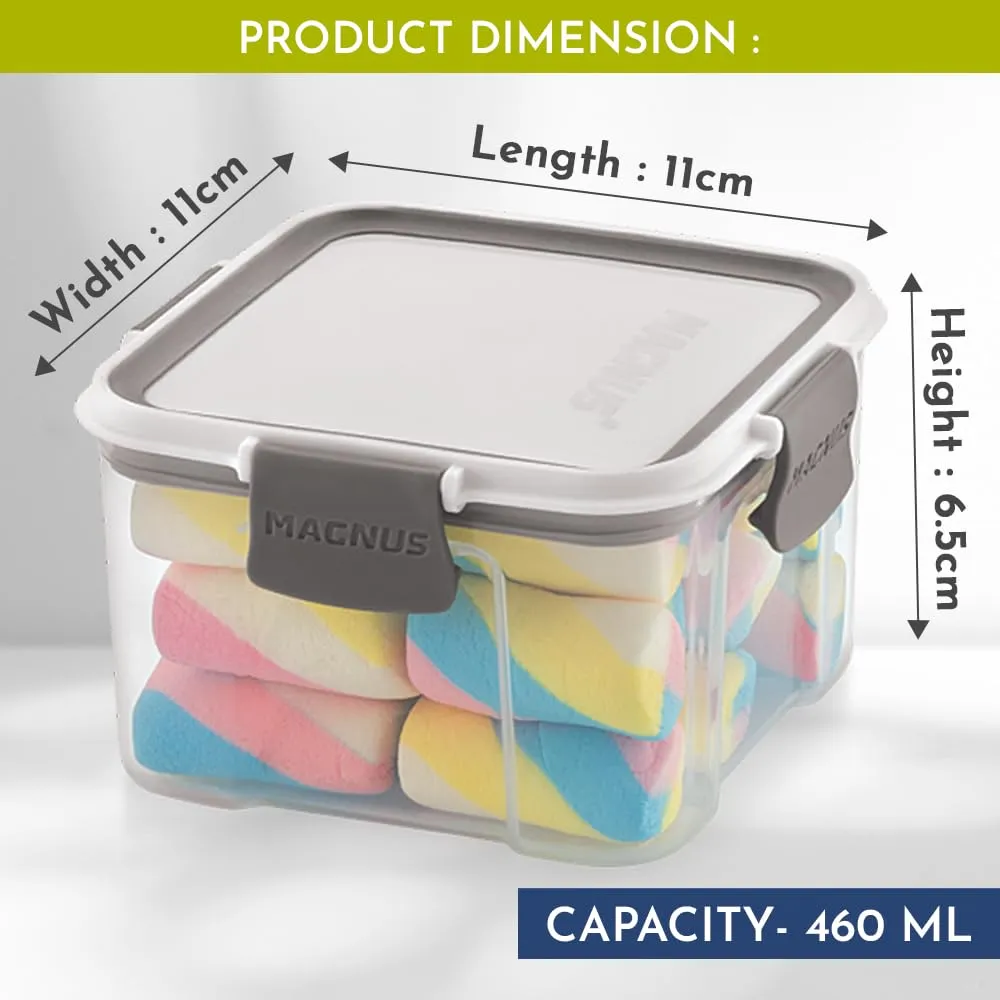 Magnus Modulock Airtight Food Kitchen Storage Container with Detachable Clip Lock | White & Grey Lid | Ultra Clear Transparent Containers | Stackable | Break Resistant | Set of 4 - 460 ml Each