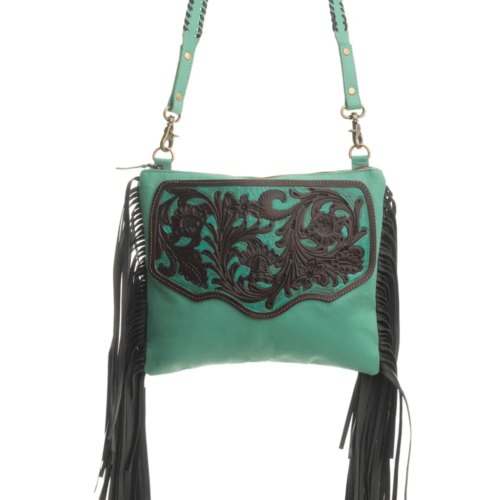 Millstone Fringed Hand-Tooled Bag in Teal