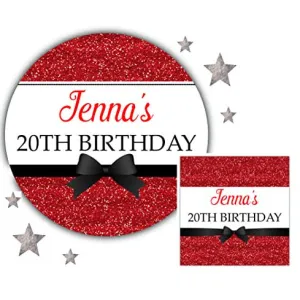 Personalised Birthday Party Stickers Red Glitter Effect