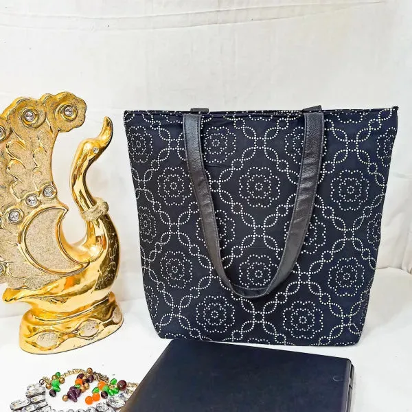 Sarus Crane Lifestyle Tote with Laptop Black with White Bandhani Design.