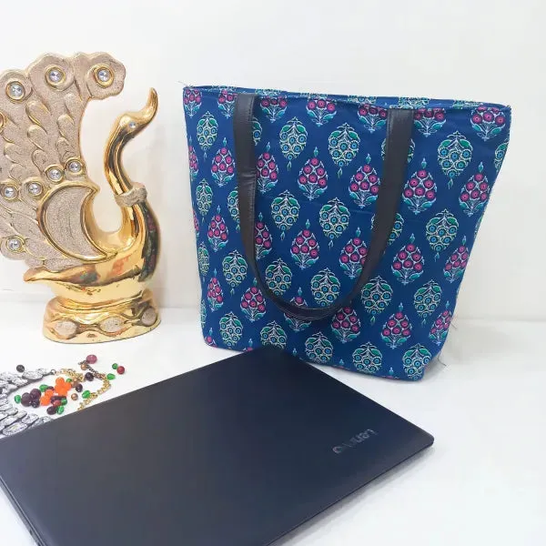 Sarus Crane Lifestyle Tote with Laptop Blue with Pink Flower Design.