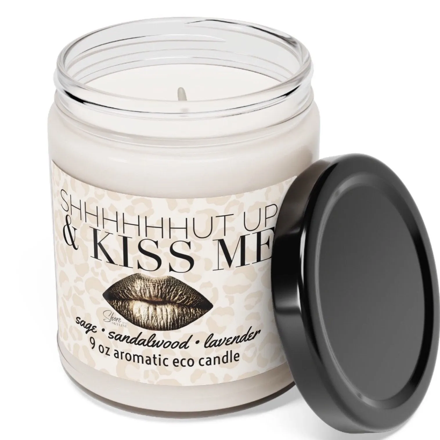 shhhUT UP & KISS ME candle smells like him aromatic lavender sandalwood sage soy wax 9oz glass lid 60 hour Valentines gift bronze pink lip