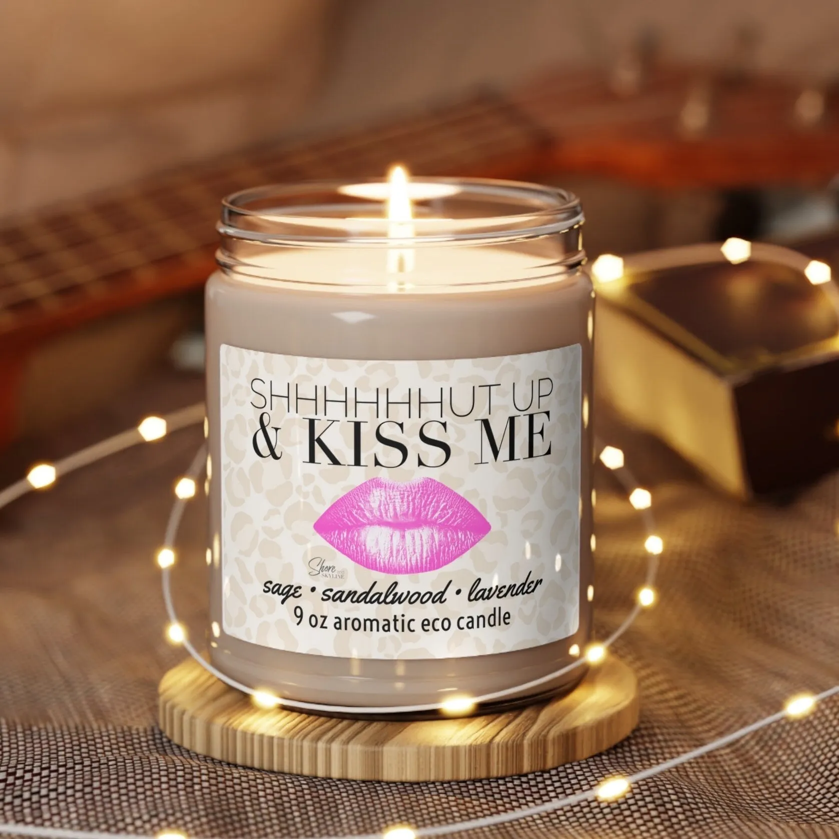 shhhUT UP & KISS ME candle smells like him aromatic lavender sandalwood sage soy wax 9oz glass lid 60 hour Valentines gift bronze pink lip