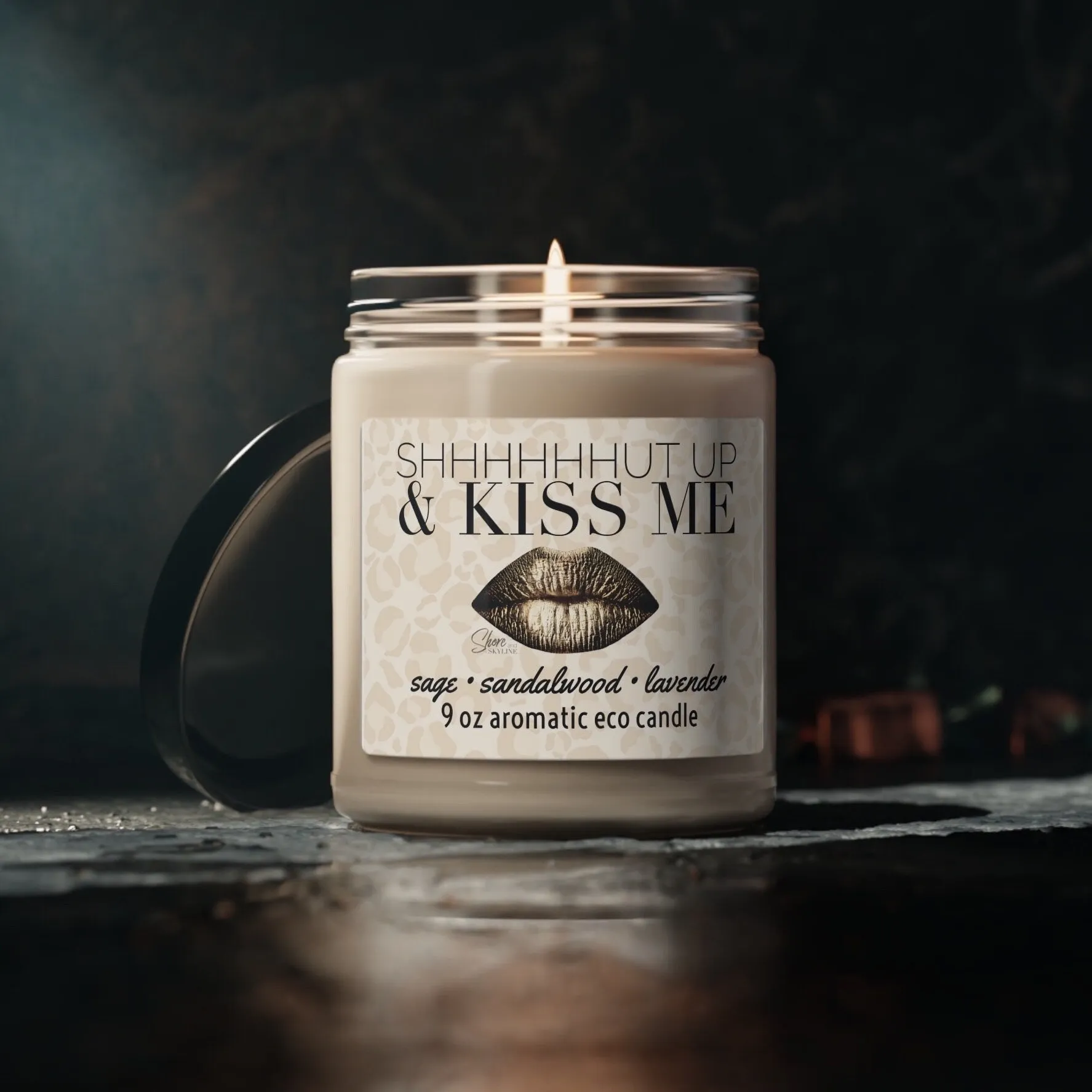 shhhUT UP & KISS ME candle smells like him aromatic lavender sandalwood sage soy wax 9oz glass lid 60 hour Valentines gift bronze pink lip