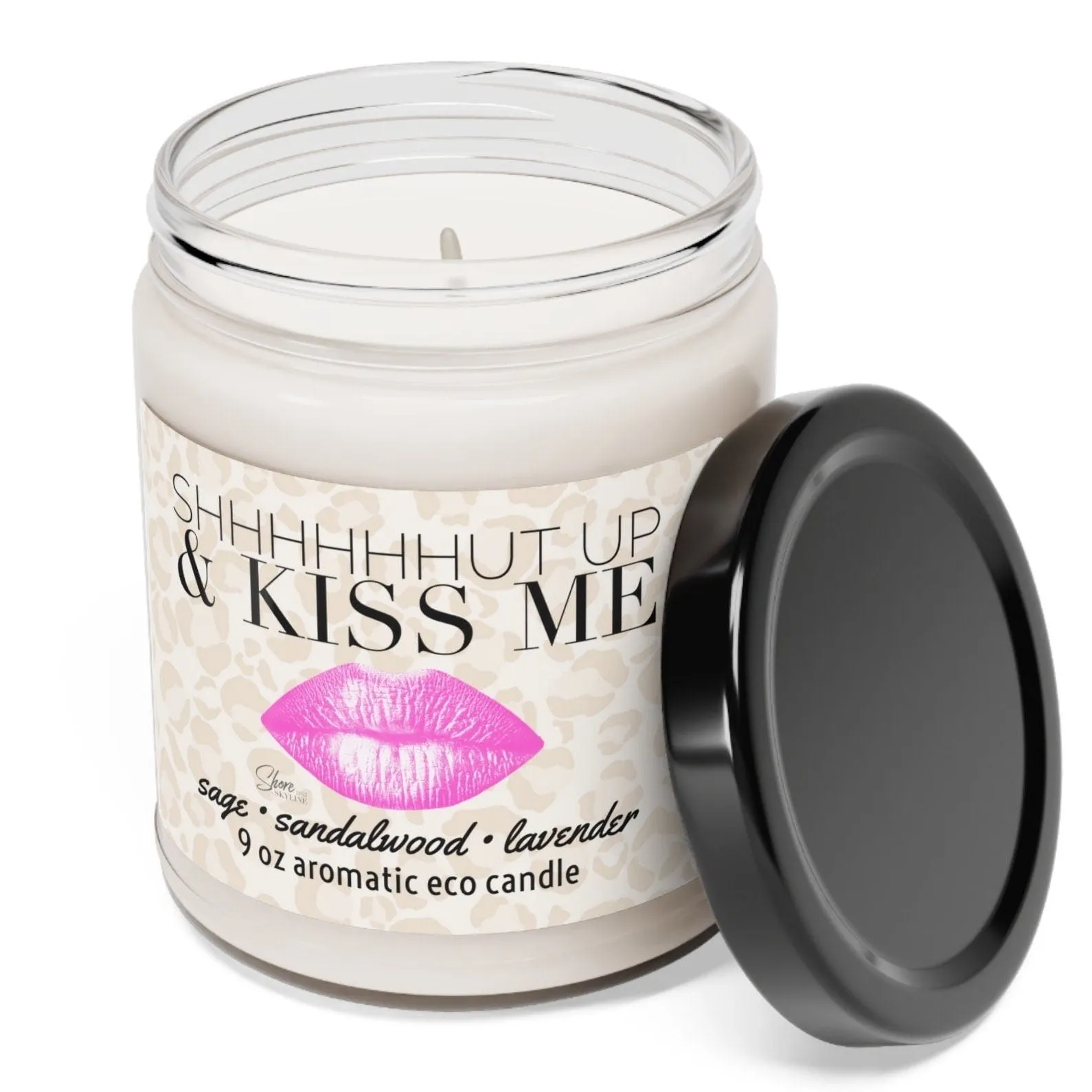 shhhUT UP & KISS ME candle smells like him aromatic lavender sandalwood sage soy wax 9oz glass lid 60 hour Valentines gift bronze pink lip