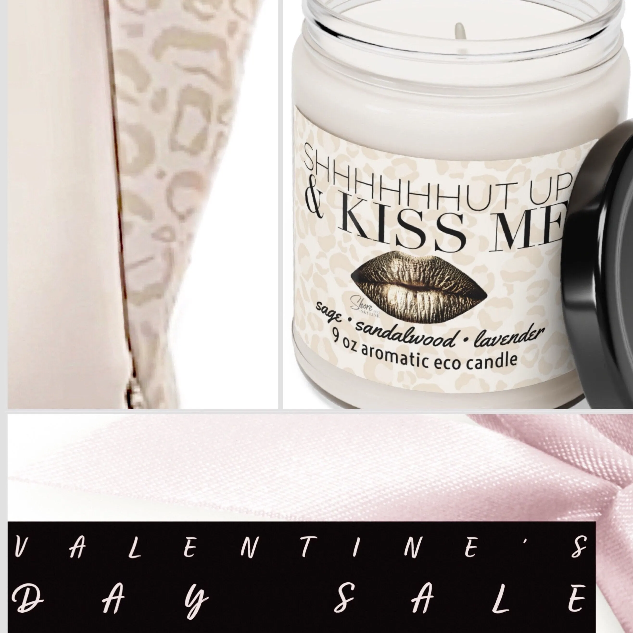 shhhUT UP & KISS ME candle smells like him aromatic lavender sandalwood sage soy wax 9oz glass lid 60 hour Valentines gift bronze pink lip