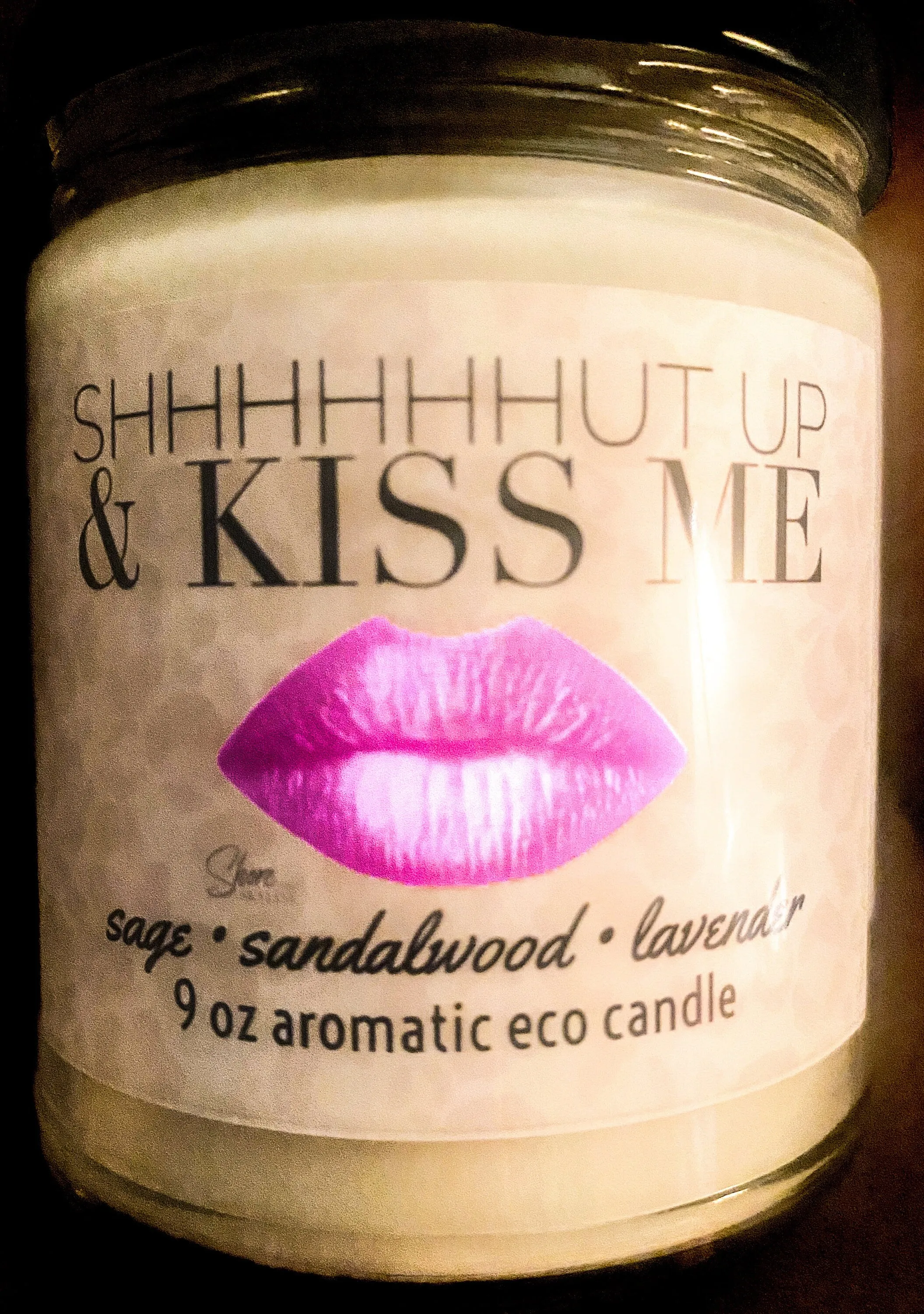 shhhUT UP & KISS ME candle smells like him aromatic lavender sandalwood sage soy wax 9oz glass lid 60 hour Valentines gift bronze pink lip