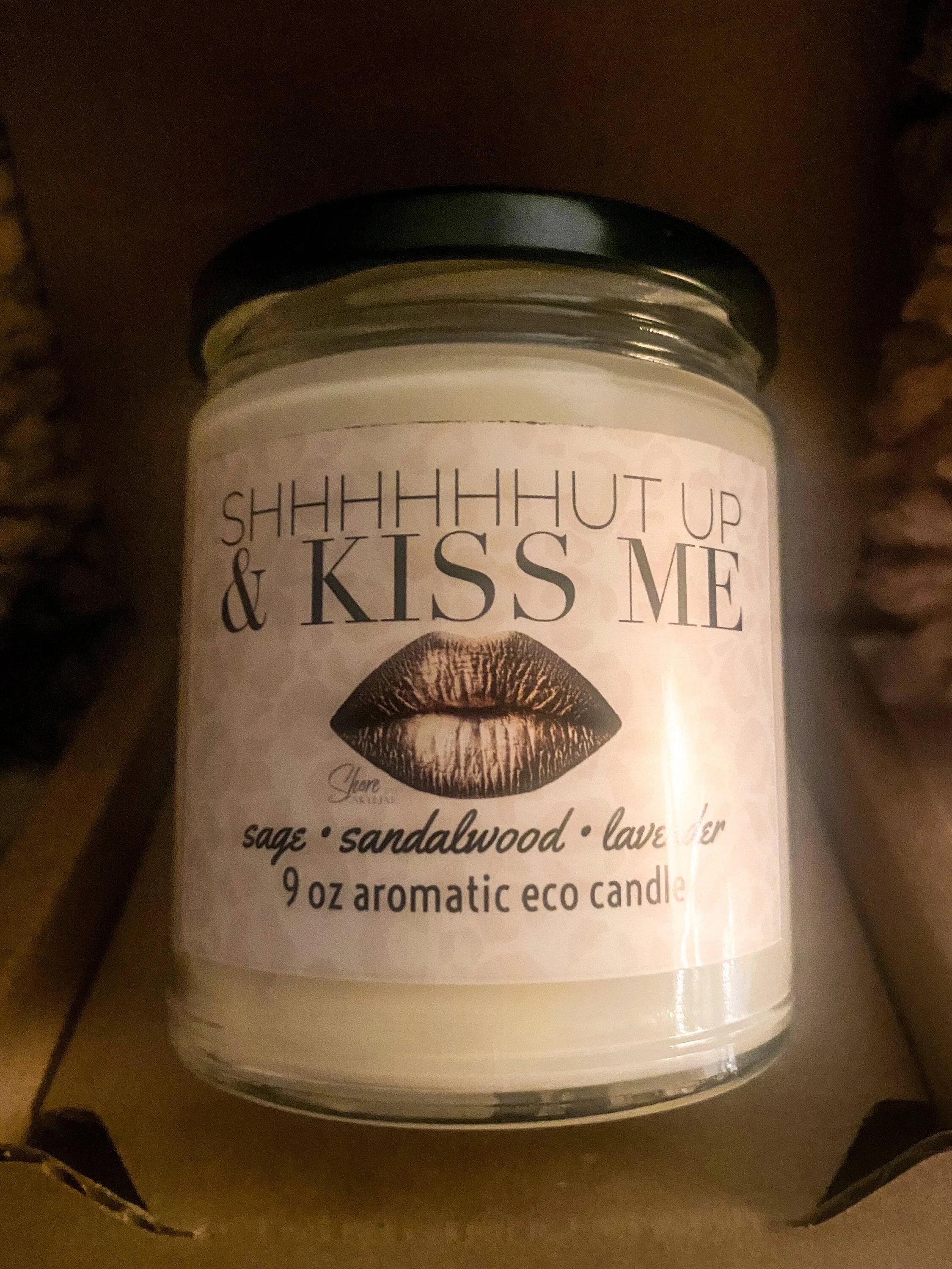 shhhUT UP & KISS ME candle smells like him aromatic lavender sandalwood sage soy wax 9oz glass lid 60 hour Valentines gift bronze pink lip