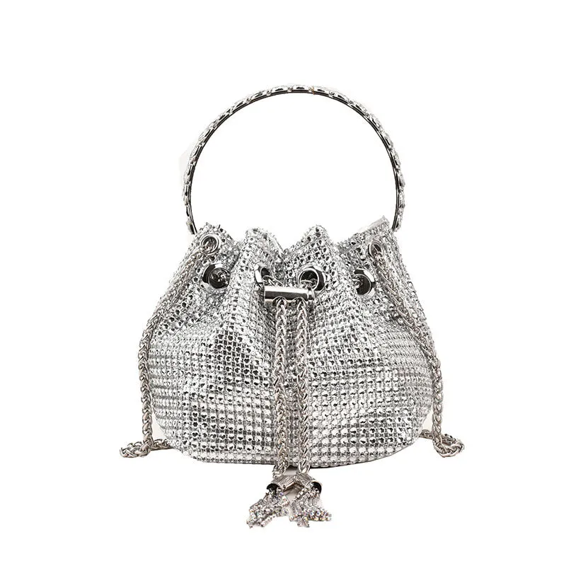 Sohiwoo Women's Allover Rhinestone Decor Bucket Drawstring Handbag Chain Shoulder Bag