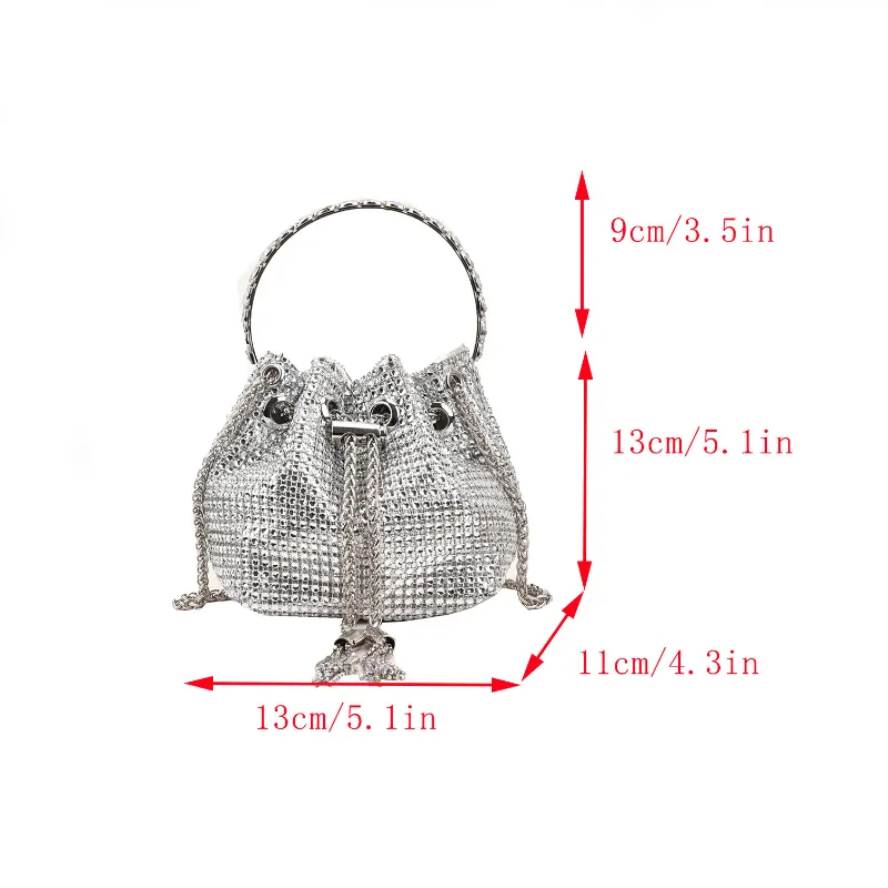 Sohiwoo Women's Allover Rhinestone Decor Bucket Drawstring Handbag Chain Shoulder Bag