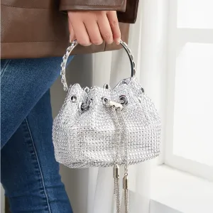 Sohiwoo Women's Allover Rhinestone Decor Bucket Drawstring Handbag Chain Shoulder Bag