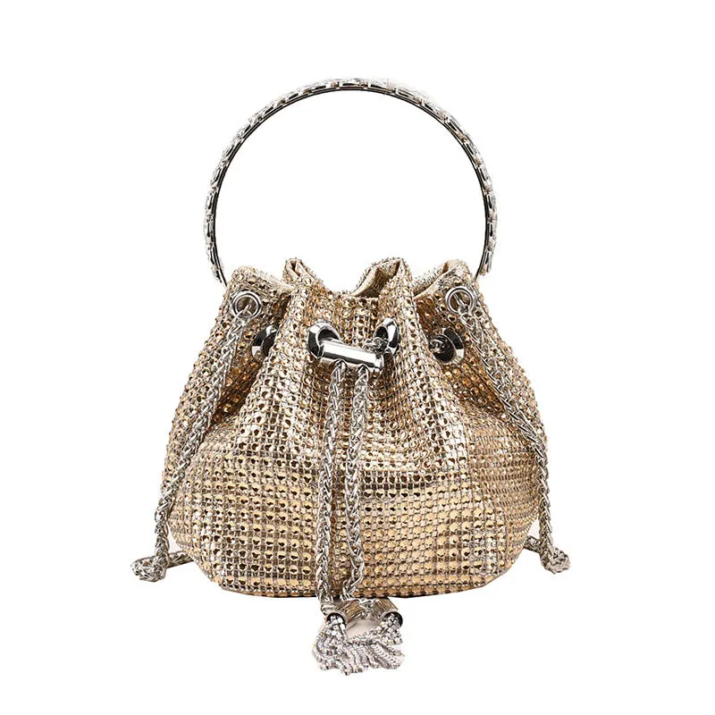 Sohiwoo Women's Allover Rhinestone Decor Bucket Drawstring Handbag Chain Shoulder Bag