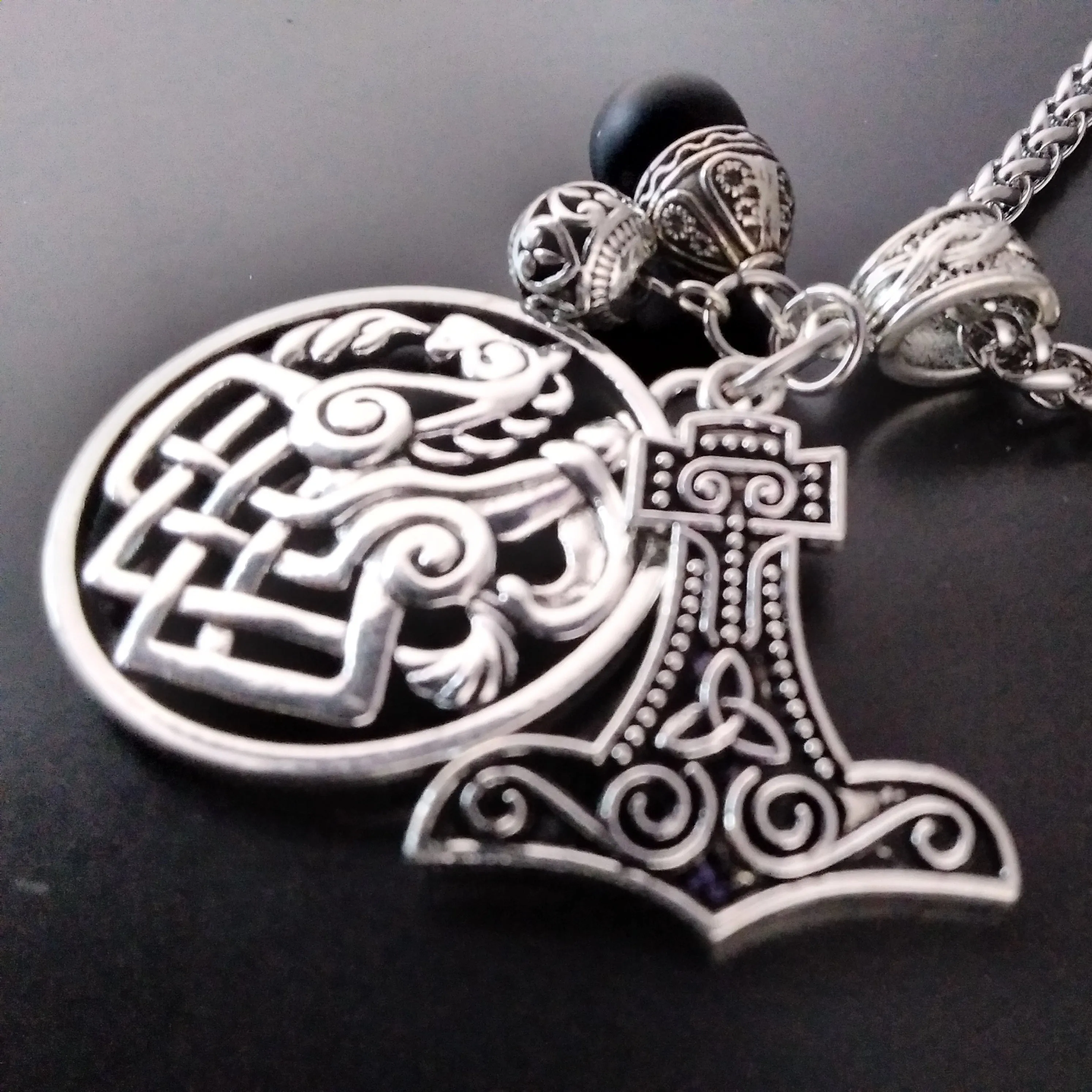 Thor's Hammer Necklace Sleipnir Silver Charm Obsidian Bead | Fenris