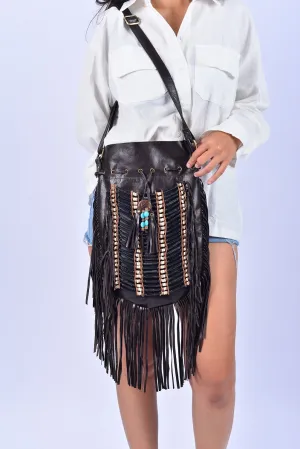 TOTAL BLACK Large Size Boho Leather Bag with Fringes and Bone Choker.