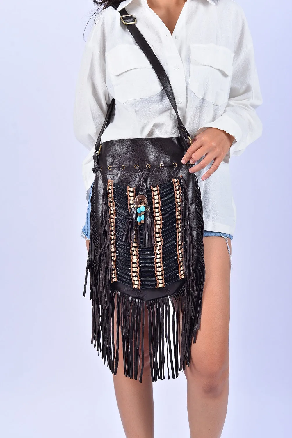 TOTAL BLACK Large Size Boho Leather Bag with Fringes and Bone Choker.